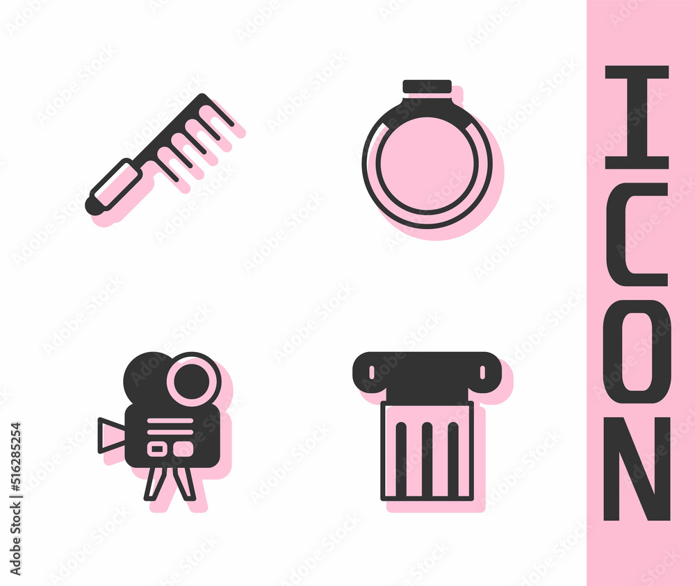 Set Ancient column, Hairbrush, Retro cinema camera and Gold ring icon. Vector