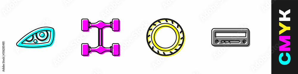 设置汽车前照灯、底盘汽车、轮胎和音频图标。矢量