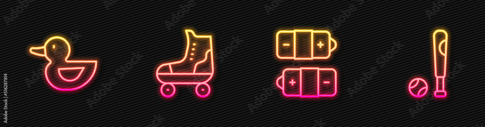 Set line Battery，Rubber duck，Roller slite and Baseball bat with ball。Glowing neon icon。Vector（设线电池、橡