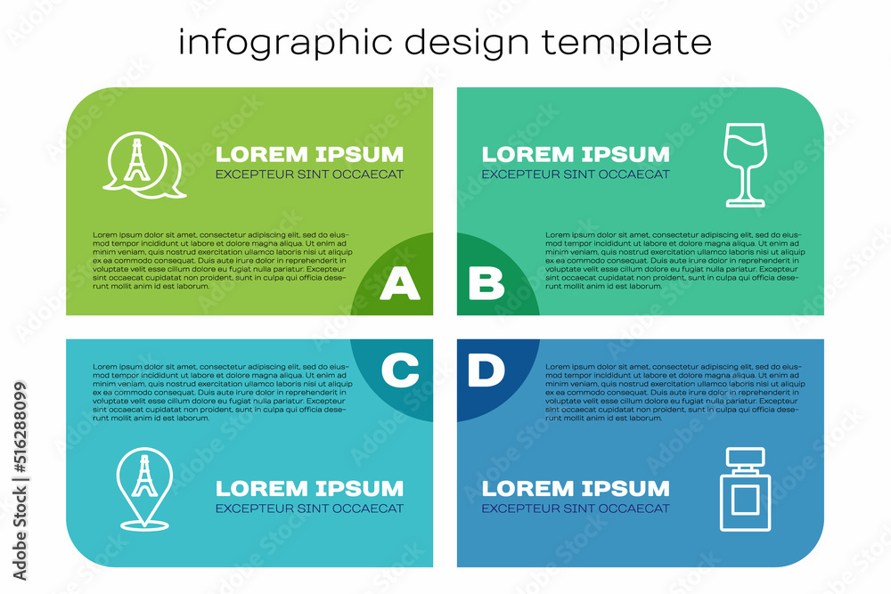 埃菲尔铁塔、香水和酒杯。商业信息图模板。矢量