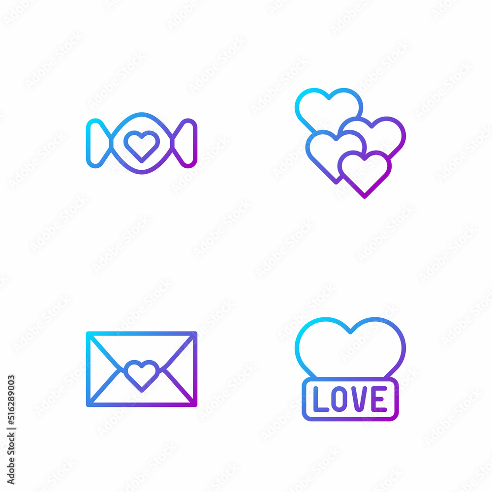 Set line Heart, Envelope with Valentine heart, Candy and . Gradient color icons. Vector