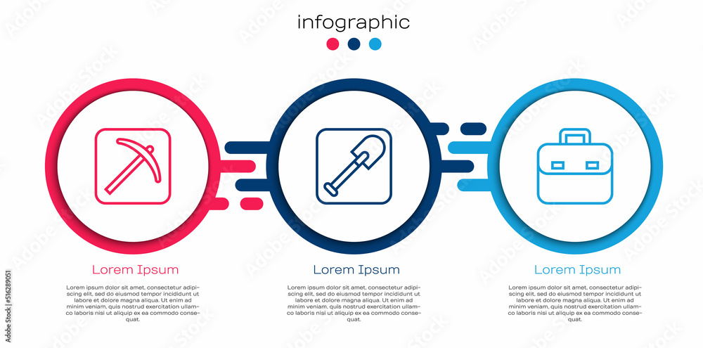 设置行镐、铲子和公文包。业务信息图模板。矢量