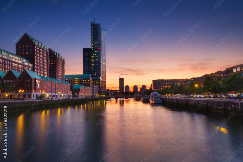 Rotterdam, Netherlands. View of the city center. Cove and pier for boats and ships. Panoramic view. 