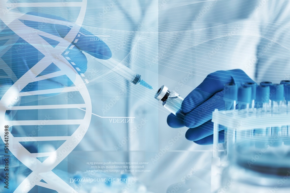 在基因工程实验室拥有数据科学虚拟屏幕的科学家生物医学工程师g