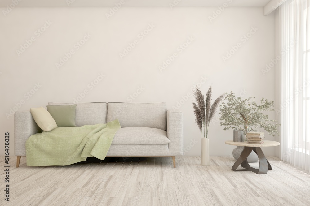 Soft color living room with sofa. Scandinavian interior design. 3D illustration