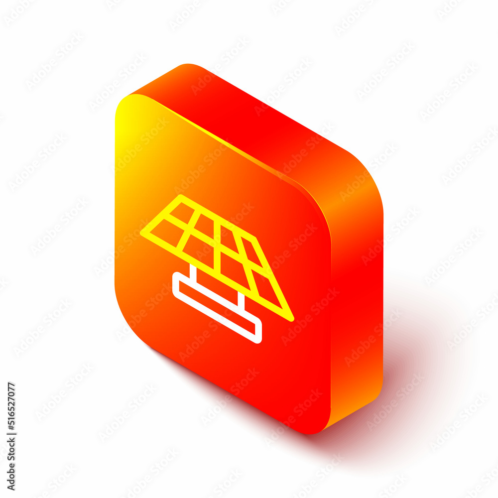 Isometric line Solar energy panel icon isolated on white background. Orange square button. Vector