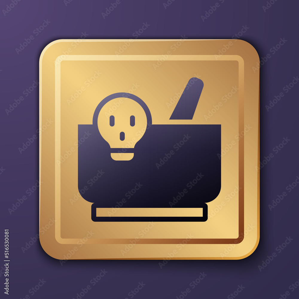 Purple Mortar and pestle icon isolated on purple background. Gold square button. Vector