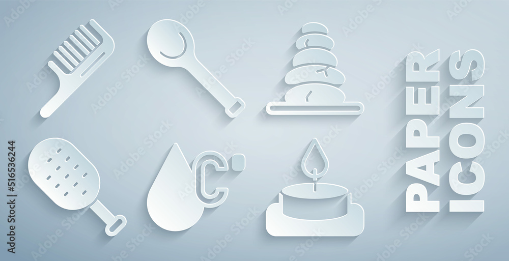 Set Water temperature, Stack hot stones, Sauna brush, Aroma candle, ladle and Hairbrush icon. Vector