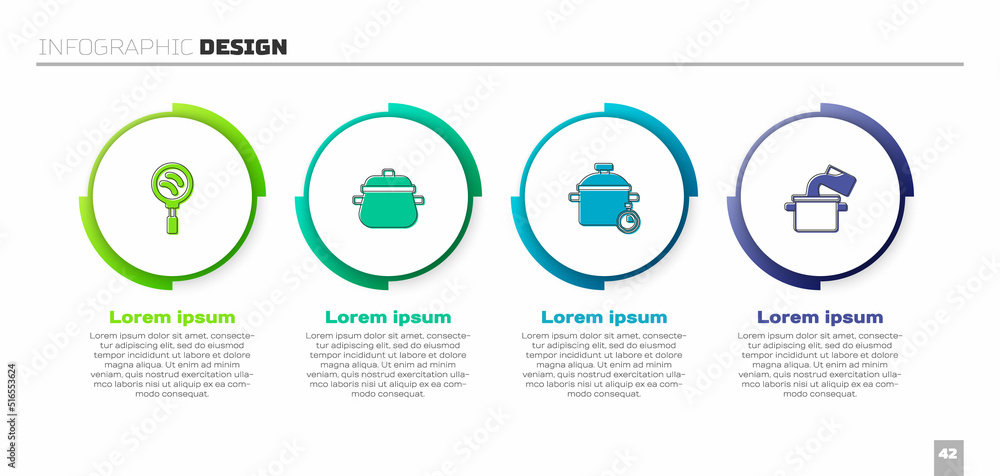 设置煎锅、烹饪锅和。商业信息图模板。Vector