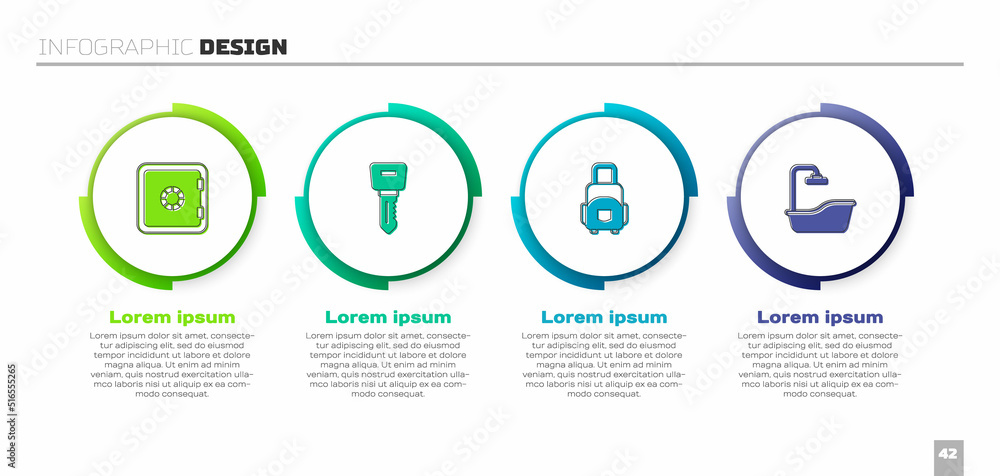 套装保险箱，酒店门锁钥匙，手提箱和浴缸。商业信息图模板。Vector
