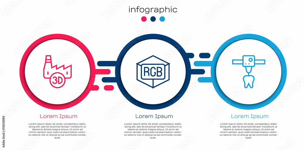 Set line Printing house industry，RGB和CMYK色彩混合和3D打印机齿。商业信息图