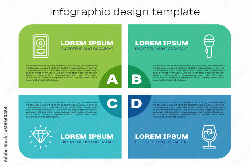 套装钻石，框架内CD光盘奖，酒杯和麦克风。商业信息图模板。