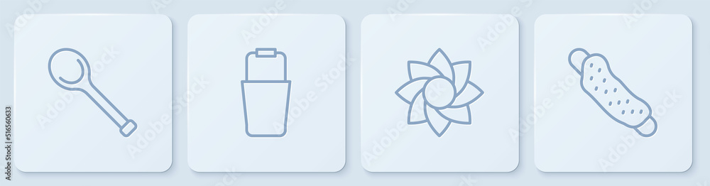 Set line Sauna ladle, Flower, bucket and Washcloth. White square button. Vector