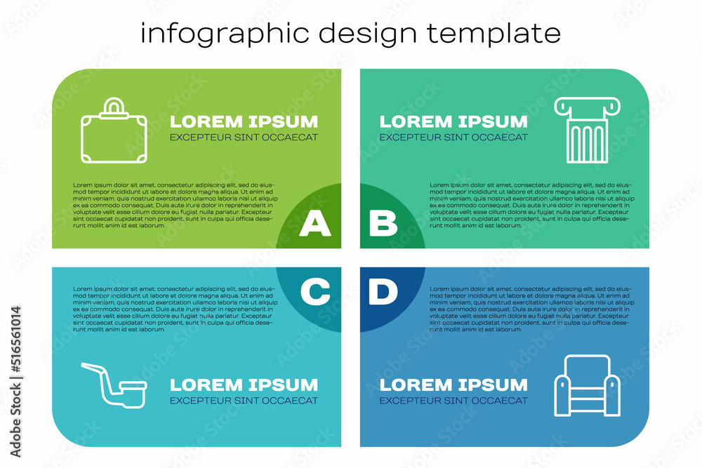 设置吸烟管、手提箱、扶手椅和古代专栏。商业信息图模板。矢量