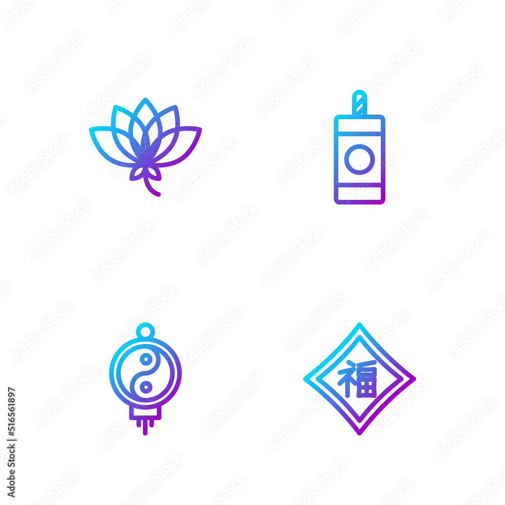 Set line Chinese New Year, paper lantern, Lotus flower and Firework. Gradient color icons. Vector