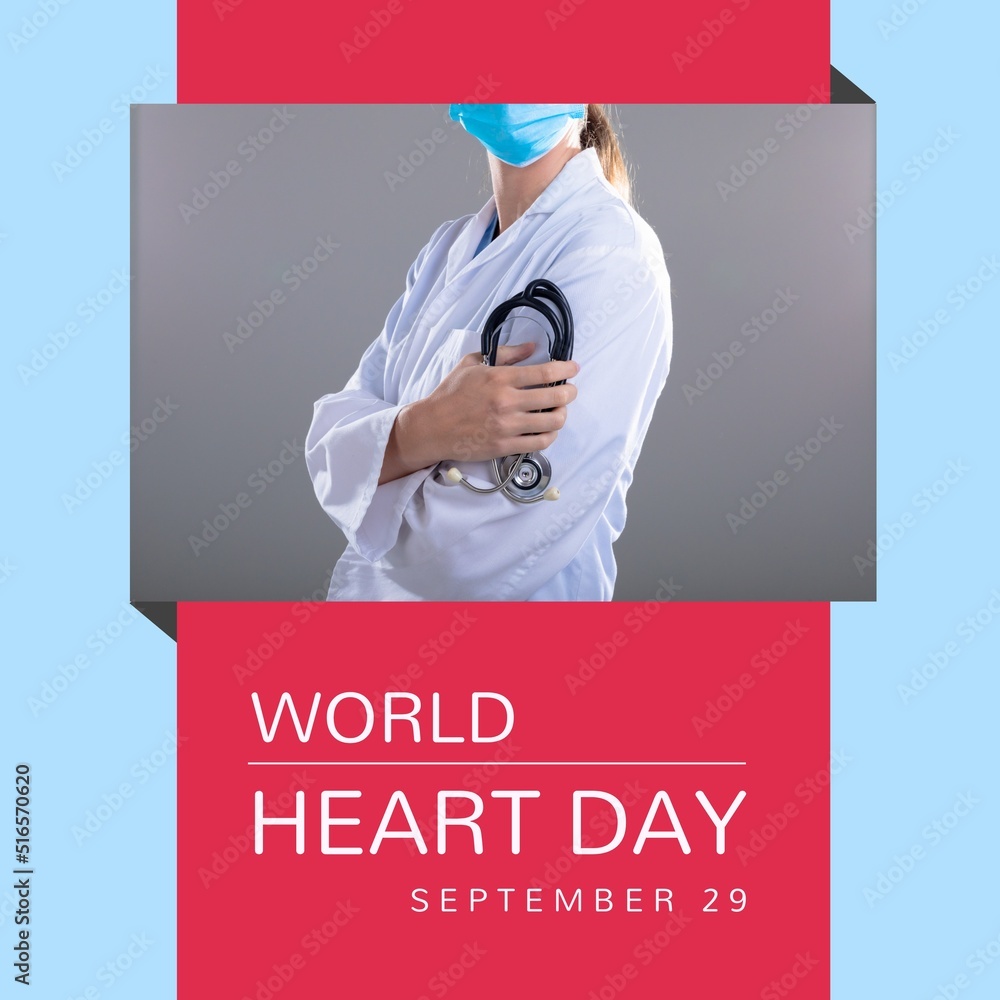 World heart day text and caucasian female doctor with stethoscope and face mask on red and blue