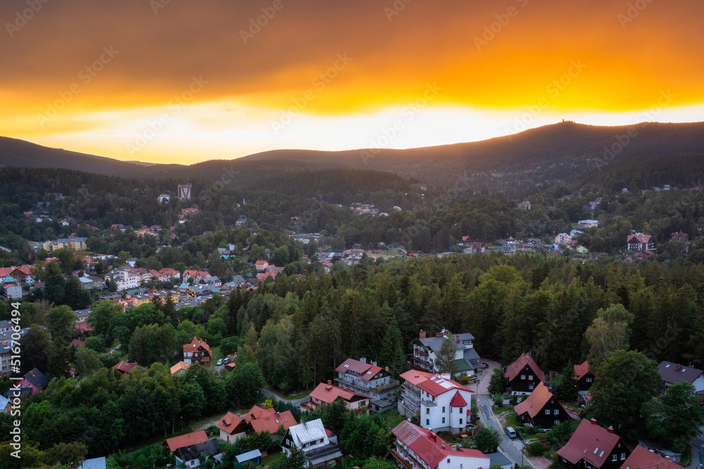 Szklarska Poreba town in Karkonosze mountains at sunset, Giant Mountains. Poland