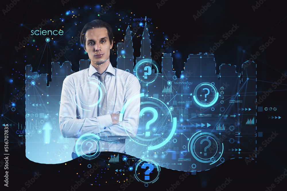 Attractive pensive young european businessman with folded arms and abstract city hologram, question 