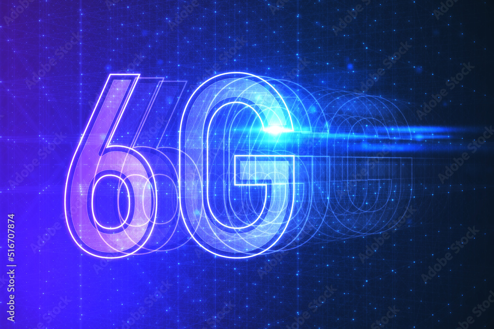 Creative glowing 6G hologram on blurry wallpaper. Internet speed, future and communication concept, 