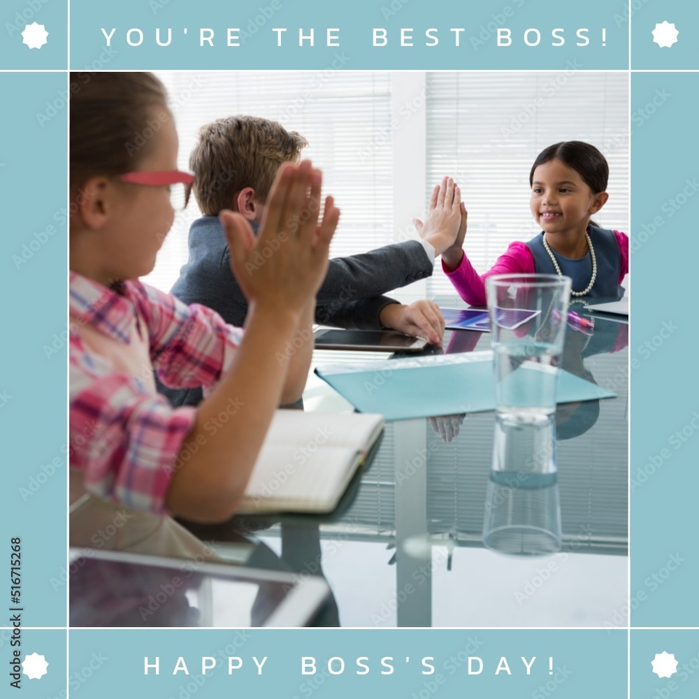 Image of happy boss day over diverse children playing work