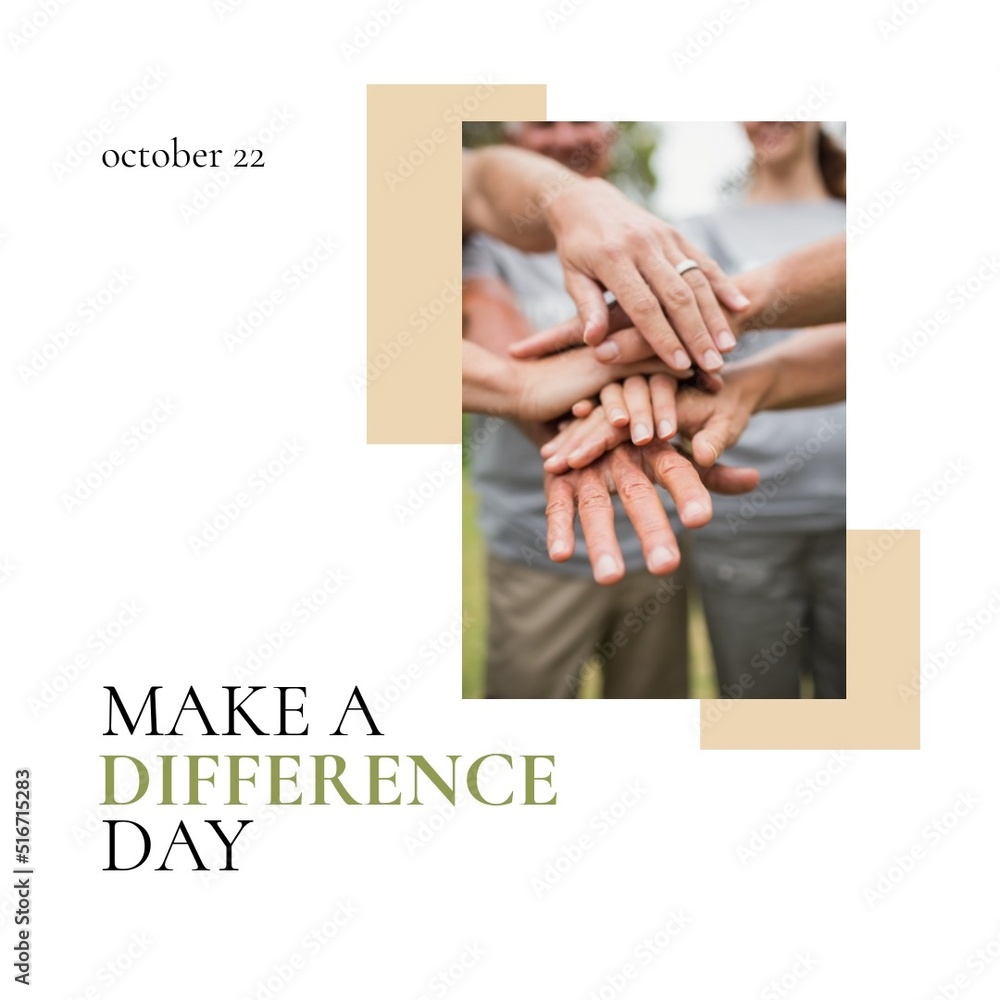 Image of make a difference day on white background with photo of hands of caucasian people