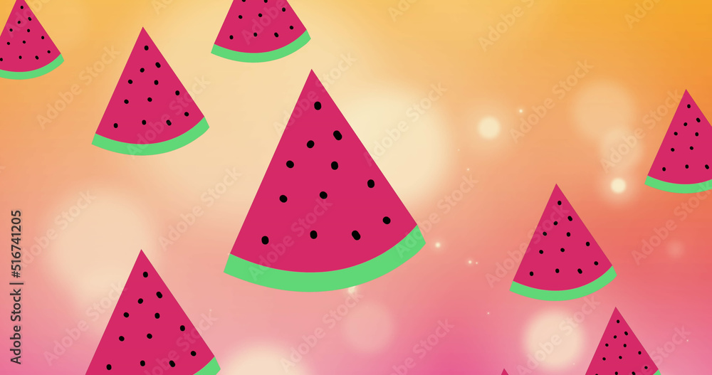 Image of watermelon over light spots on orange background