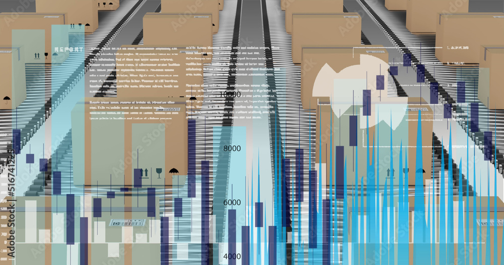 Image of data processing over cardboard boxes on conveyor belts