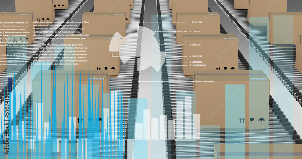 Image of data processing over cardboard boxes on conveyor belts