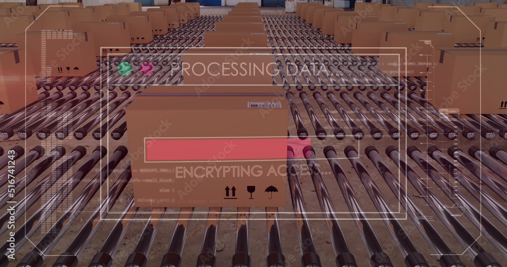 Image of data processing over cardboard boxes on conveyor belts