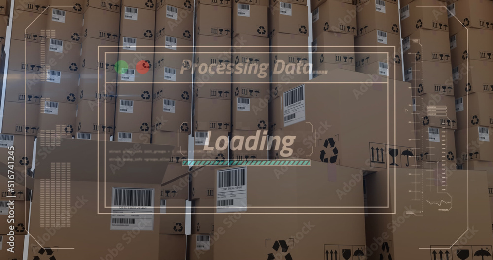 Image of data processing over stack of cardboard boxes