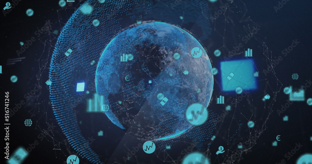 Image of loading squares icon and network of connections over globe