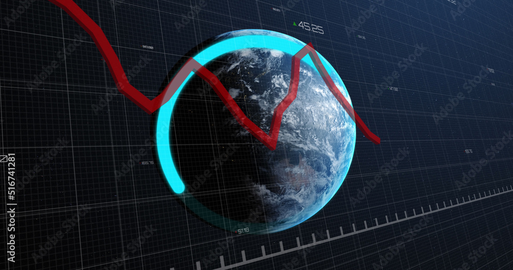 Image of red line recording and data processing over globe