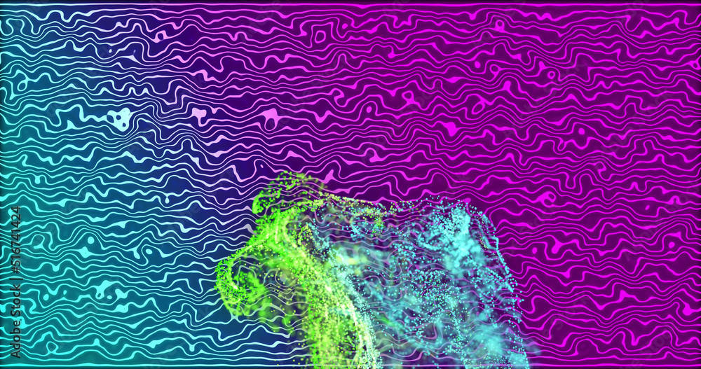 Image of moving glowing lights and waves over colorful background