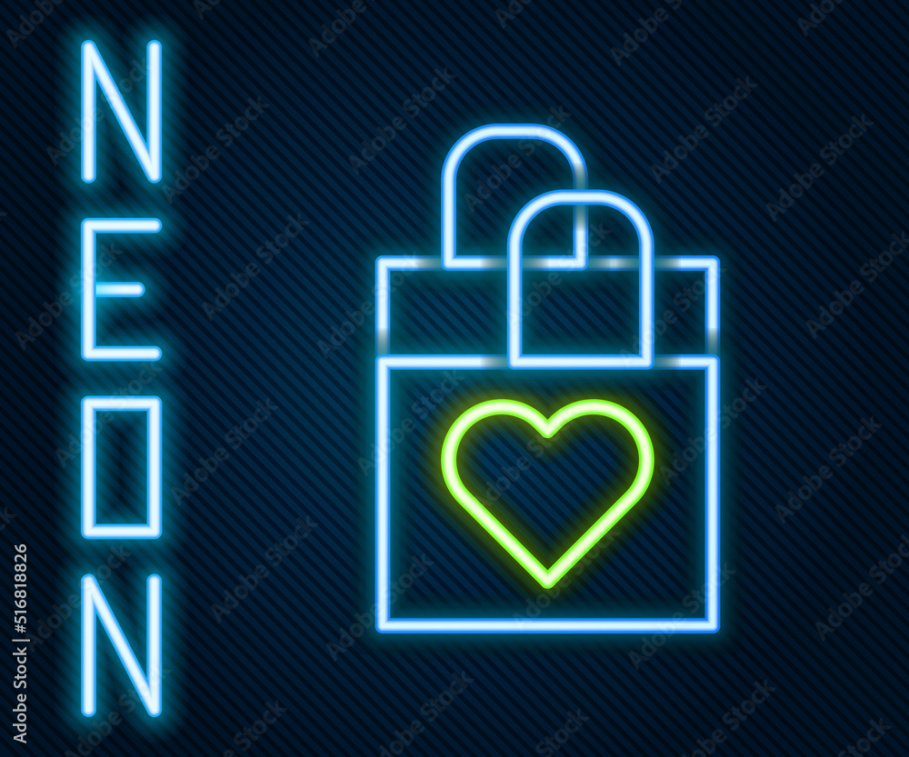 Glowing neon line Shopping bag with heart icon isolated on black background. Shopping bag shop love 