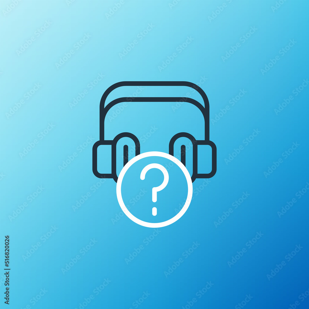 Line Headphones with question icon isolated on blue background. Support customer service, hotline, c