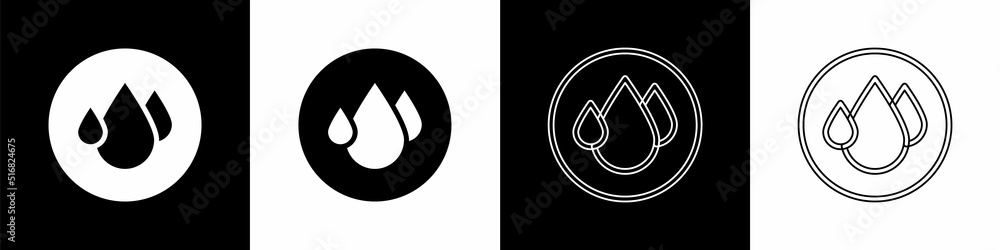 Set Water drop icon isolated on black and white background. Vector