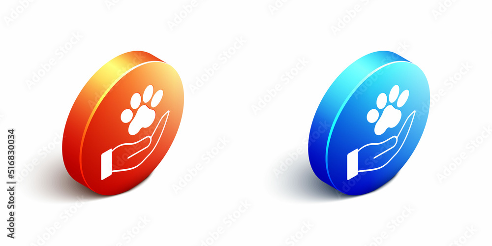 Isometric Hands with animals footprint icon isolated on white background. Pet paw in heart. Love to 