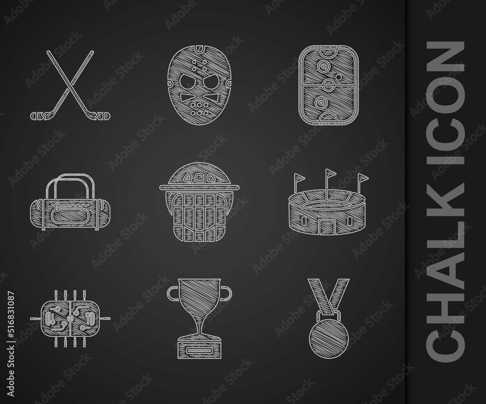 Set Hockey helmet, Award cup, Medal, stadium, table, Sport bag, Air hockey and Ice sticks icon. Vect