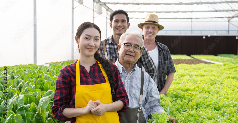 Portrait Group of team worker organic vegetables. Hydroponics farm organic fresh harvested vegetable