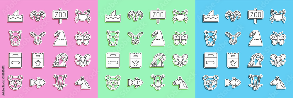 Set line Horse head, Rat, Butterfly, Zoo park, Rabbit, Hippo Hippopotamus, Shark fin in ocean wave a