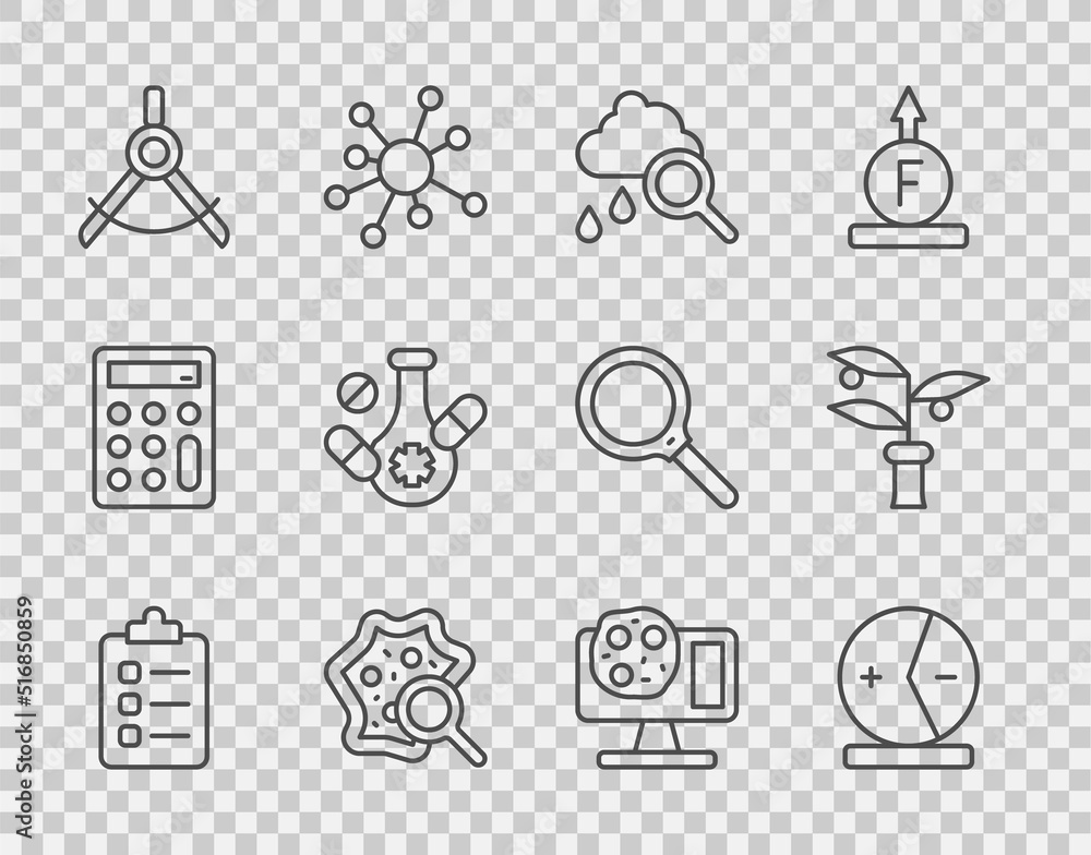 Set line To do list or planning, Atom, Cloud with rain, Microorganisms under magnifier, Drawing comp