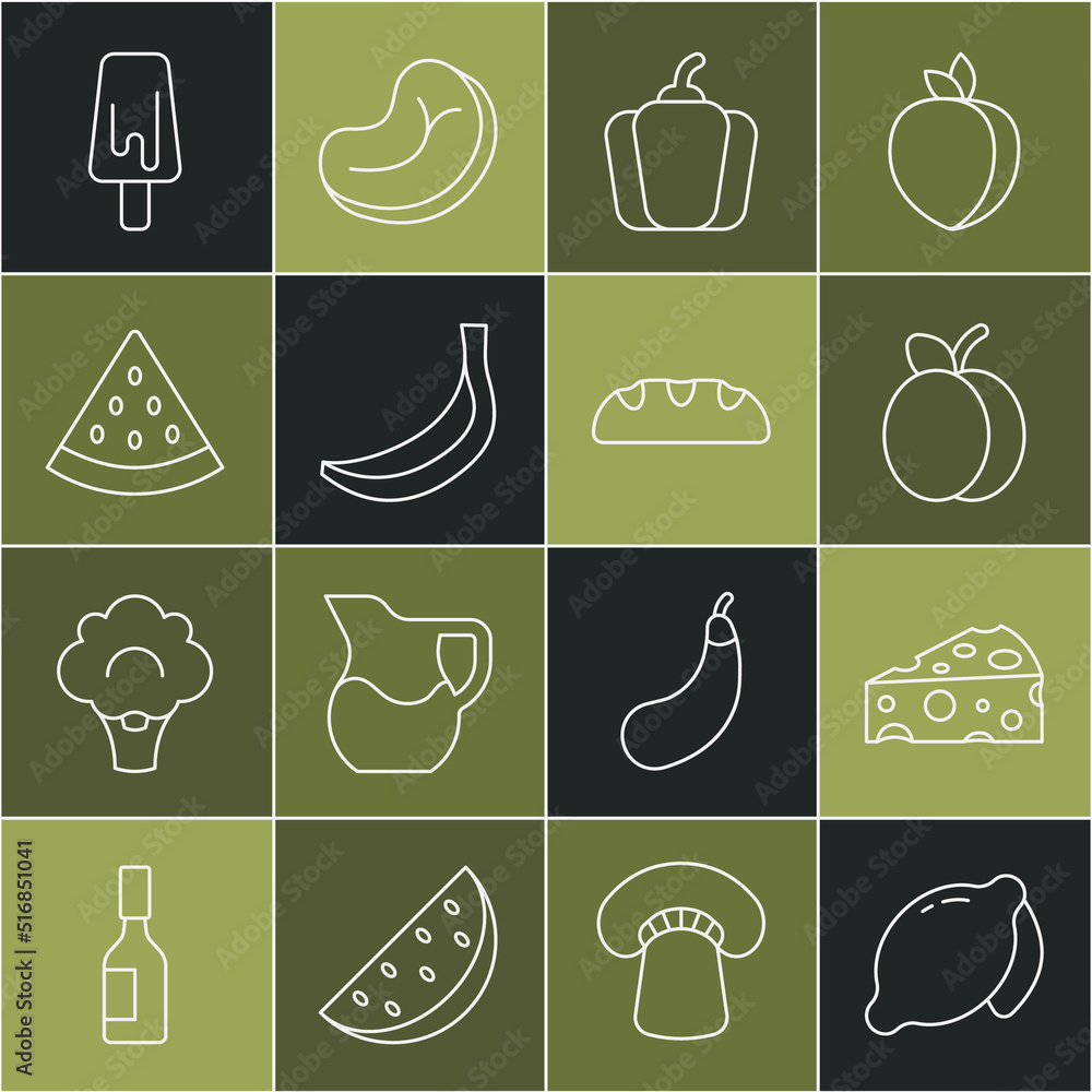 Set line Lemon, Cheese, Plum fruit, Bell pepper, Banana, Watermelon, Ice cream and Bread loaf icon. 