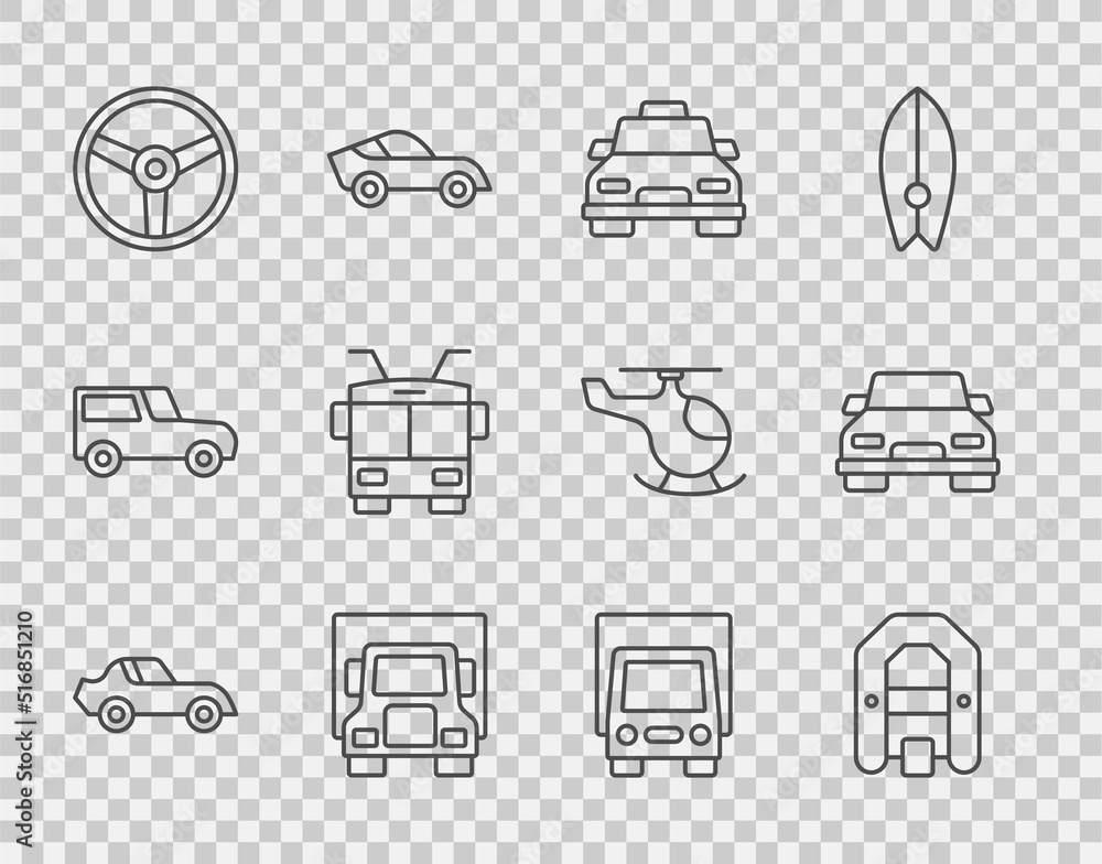 Set line Car, Rafting boat, Taxi car, Delivery cargo truck, Steering wheel, Trolleybus, and icon. Ve