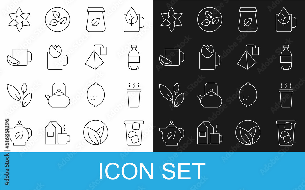 Set line Ice tea, Cup of, Bottle water, Tea packaging, with rose, lemon, Flower and bag icon. Vector