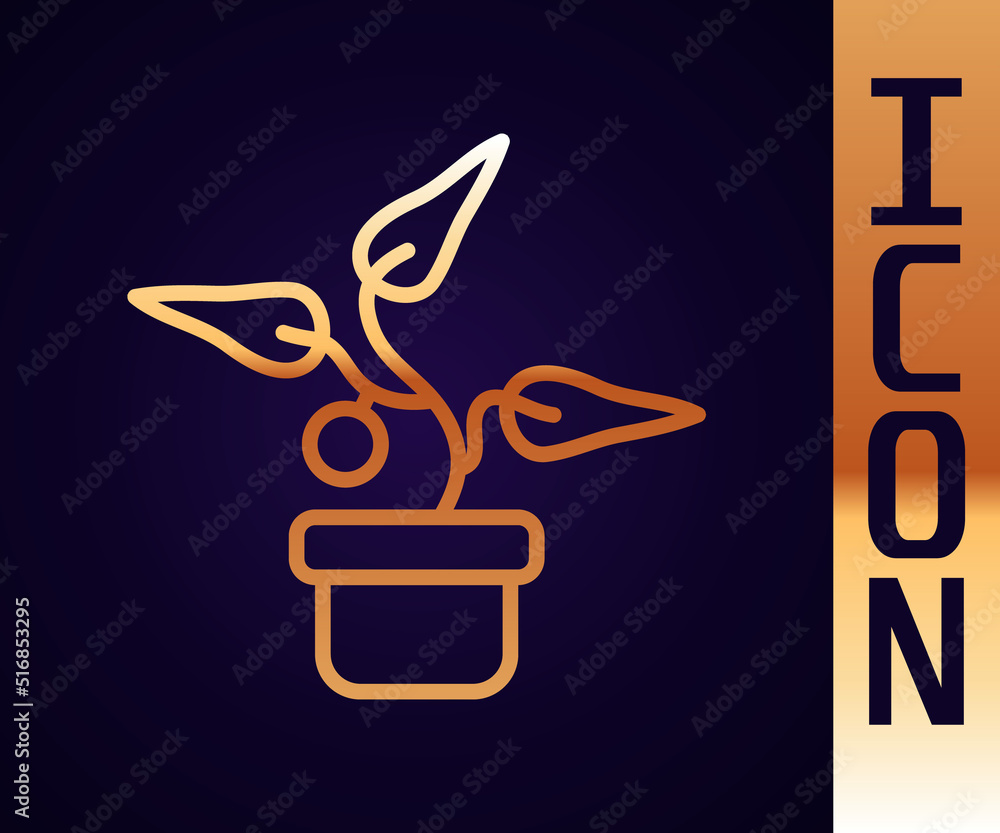 Gold line Plant in pot icon isolated on black background. Plant growing in a pot. Potted plant sign.