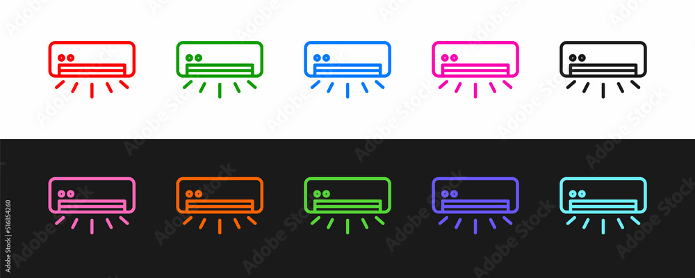 Set line Air conditioner icon isolated on black and white background. Split system air conditioning.