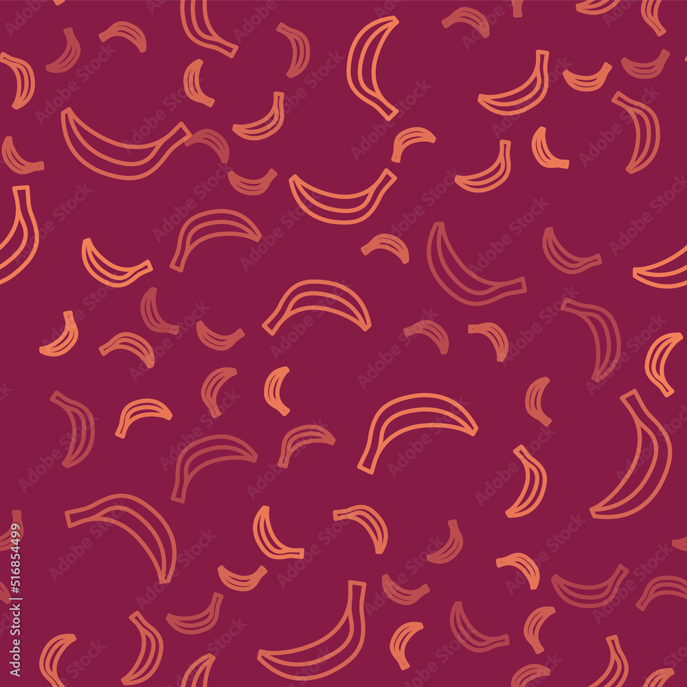 Brown line Banana icon isolated seamless pattern on red background. Vector