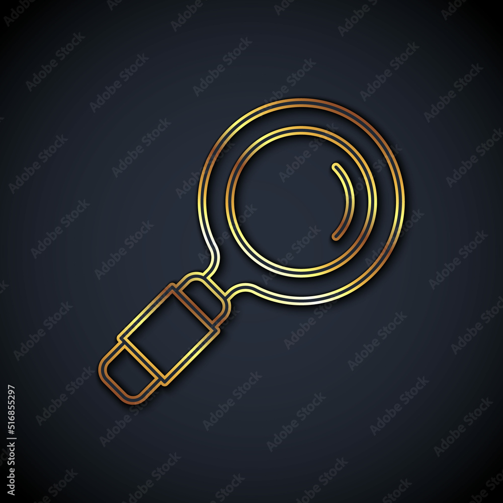 Gold line Magnifying glass icon isolated on black background. Search, focus, zoom, business symbol. 