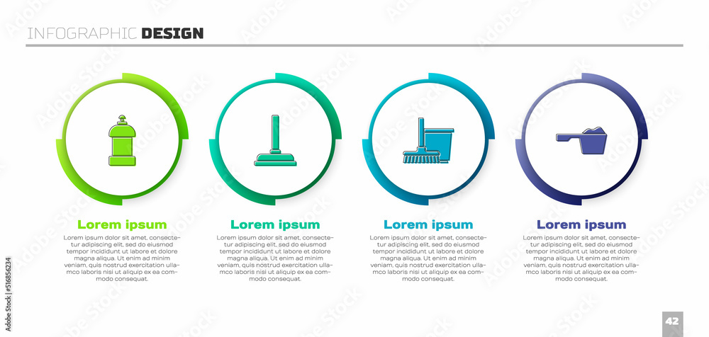 Set Bottle for cleaning agent, Rubber plunger, Mop and bucket and Washing powder. Business infograph