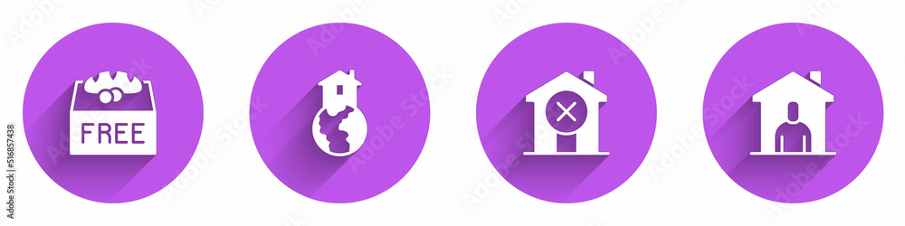 Set Donation food, Shelter for homeless, No house and icon with long shadow. Vector